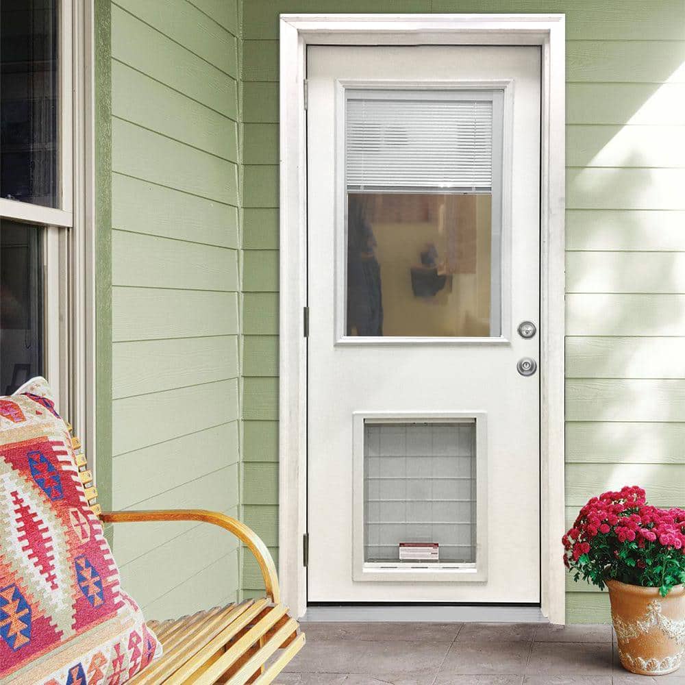 Steves & Sons 36 in. x 80 in. Reliant Series Clear Mini-Blind RHOS White Primed Fiberglass Prehung Front Door with Extra Large Pet Door