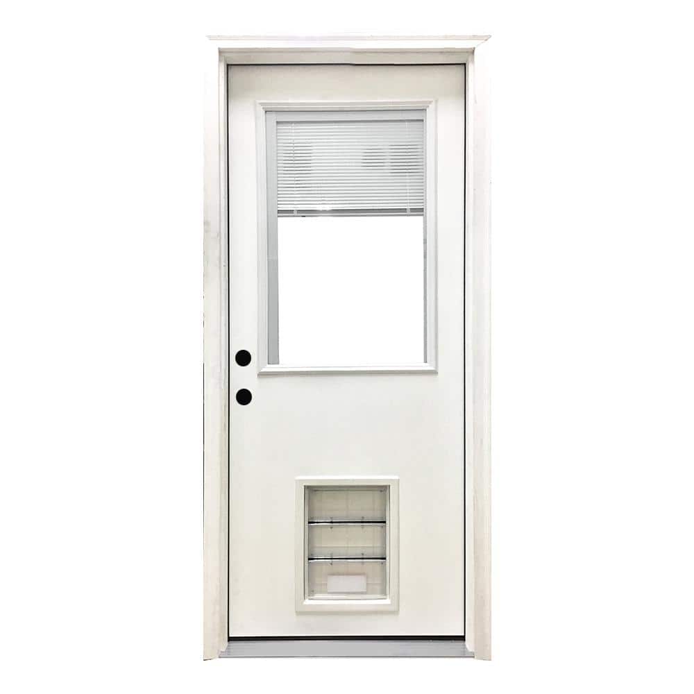 Steves & Sons 36 in. x 80 in. Reliant Series Clear Mini-Blind RHIS White Primed Fiberglass Prehung Front Door with Extra Large Pet Door