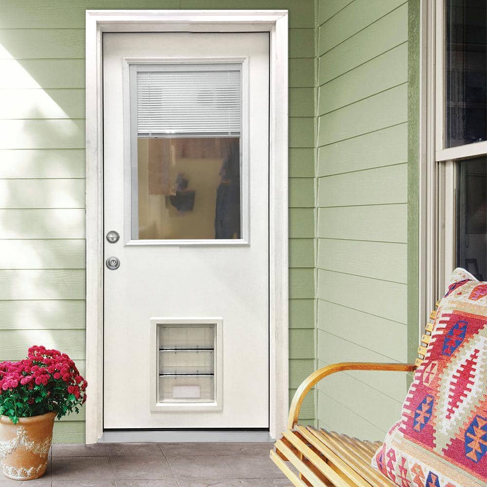 Steves & Sons 36 in. x 80 in. Reliant Series Clear Mini-Blind RHIS White Primed Fiberglass Prehung Front Door with Extra Large Pet Door