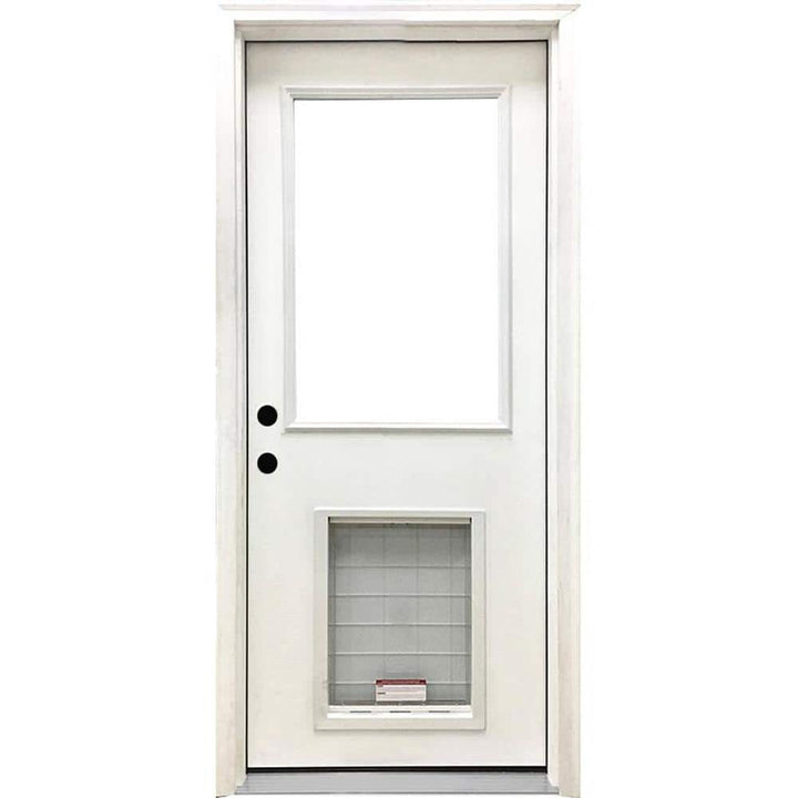 Steves & Sons 36 in. x 80 in. Reliant Series Clear Half Lite RHIS White Primed Fiberglass Prehung Back Door with XL Pet Door