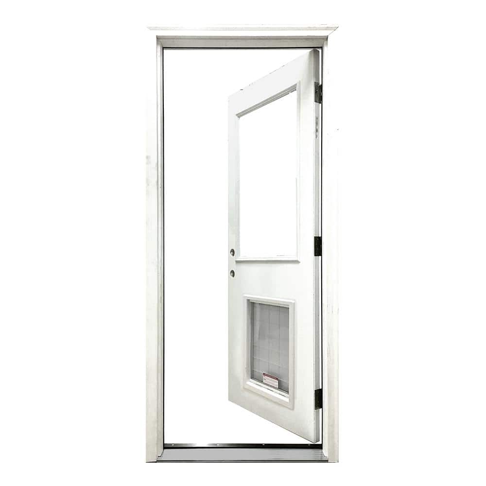 Steves & Sons 36 in. x 80 in. Reliant Series Clear Half Lite RHIS White Primed Fiberglass Prehung Back Door with XL Pet Door