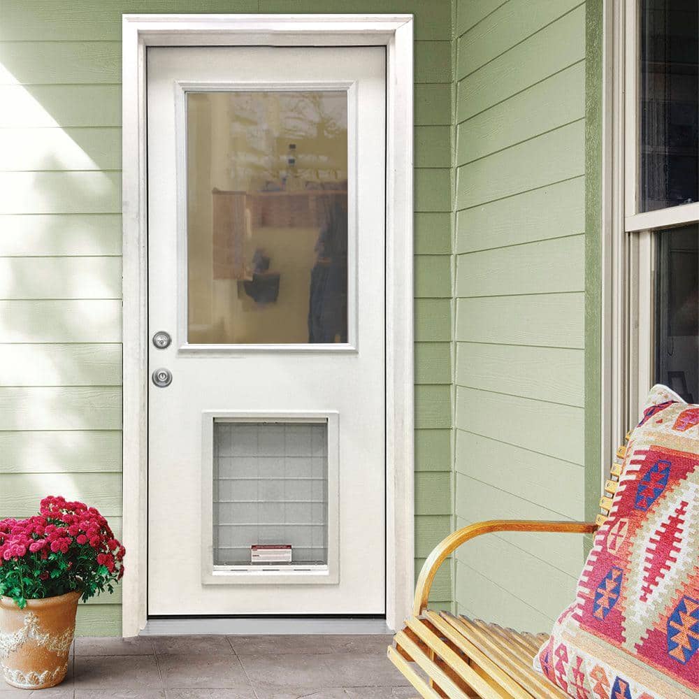 Steves & Sons 36 in. x 80 in. Reliant Series Clear Half Lite RHIS White Primed Fiberglass Prehung Back Door with XL Pet Door