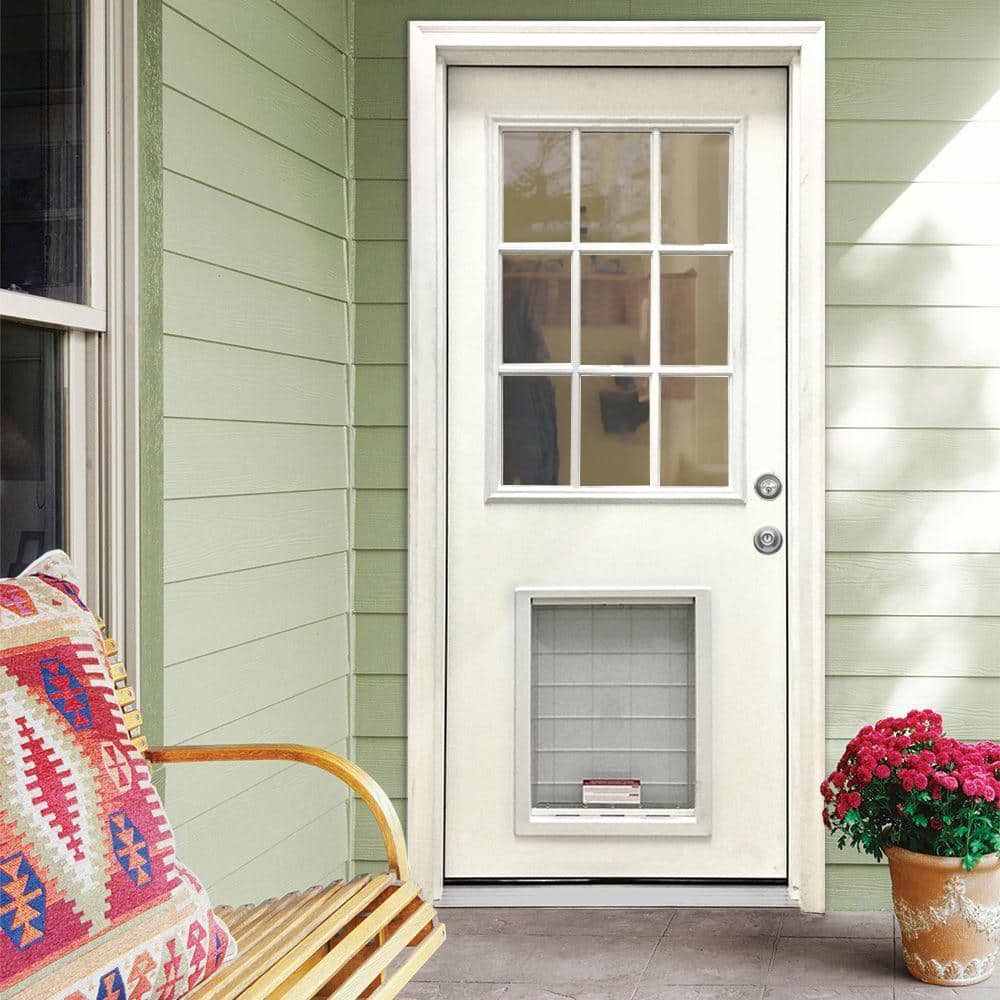 Steves & Sons 32 in. x 80 in. Reliant Series Clear 9-Lite LHIS White Primed Fiberglass Prehung Back Door with Extra Large Pet Door