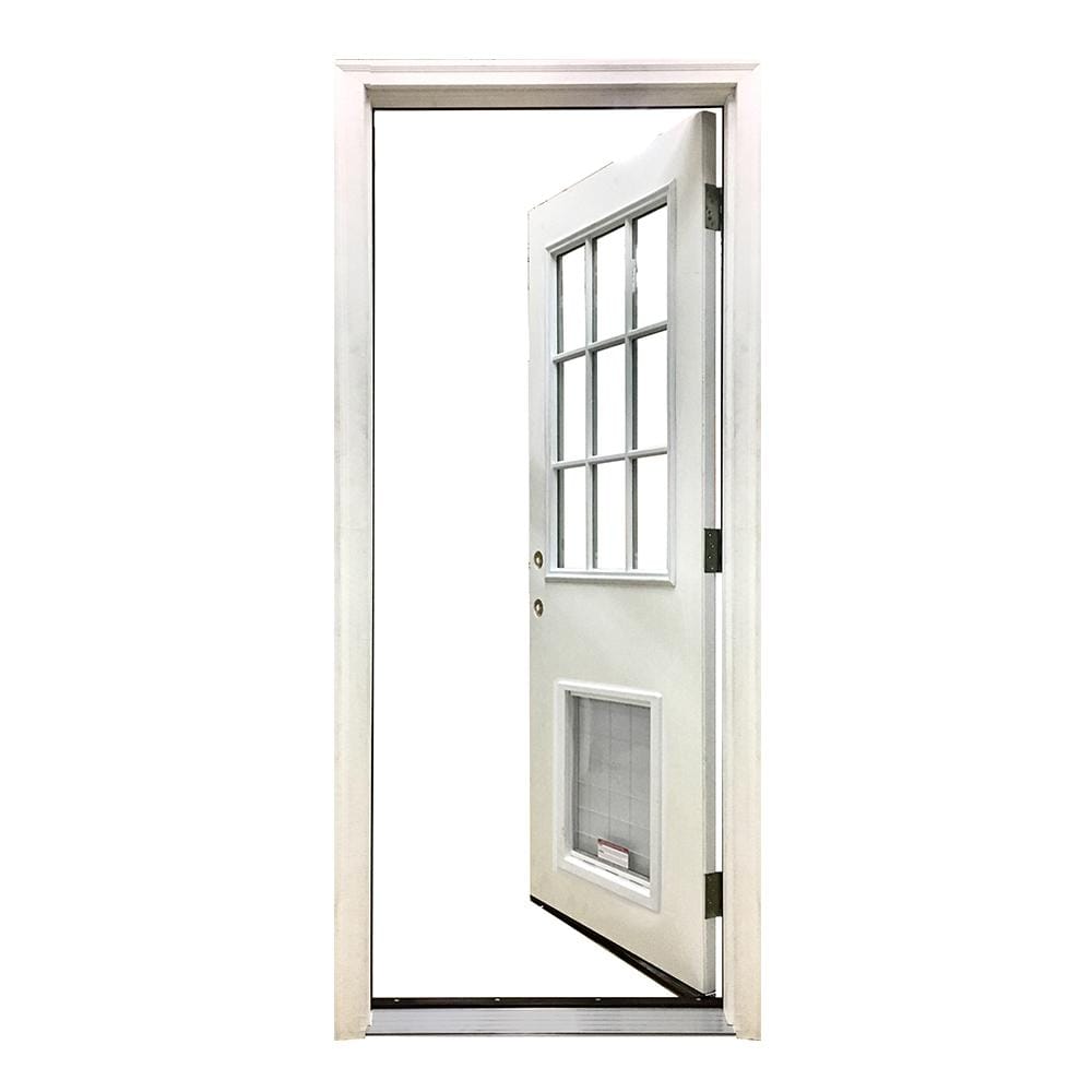 Steves & Sons 36 in. x 80 in. Reliant Series White Primed RHIS 9-Lite Clear Fiberglass Prehung Front Door with Extra Large Pet Door