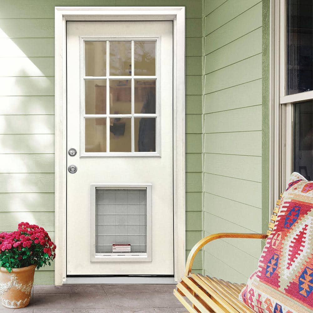 Steves & Sons 36 in. x 80 in. Reliant Series White Primed RHIS 9-Lite Clear Fiberglass Prehung Front Door with Extra Large Pet Door