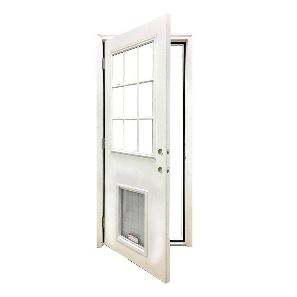 Steves & Sons 36 in. x 80 in. Reliant Series Clear 9 Lite White Primed RHOS Fiberglass Prehung Front Door with Extra Large Pet Door