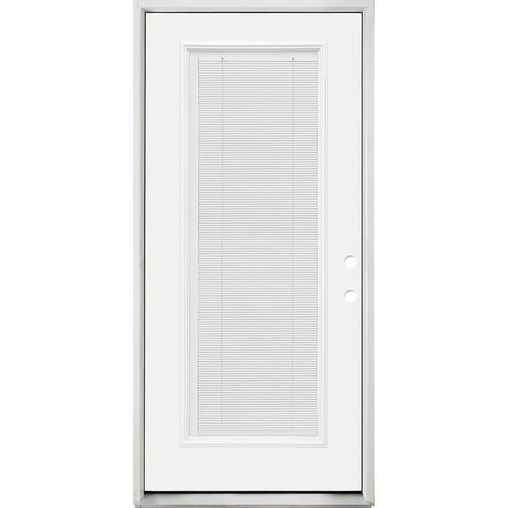 Steves & Sons 32 in. x 80 in. Reliant Clear Full Lite LHIS White Micro-Blind White Primed Fiberglass Prehung Front Door, Nickel Hinges