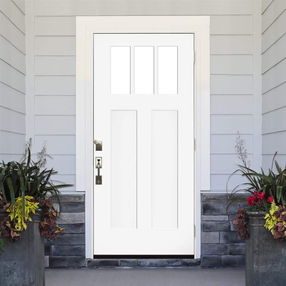 Steves & Sons 36 in. x 80 in. Legacy 3 Lite Toplite Clear Glass Left-Hand Outswing White Primed Fiberglass Prehung Front Door