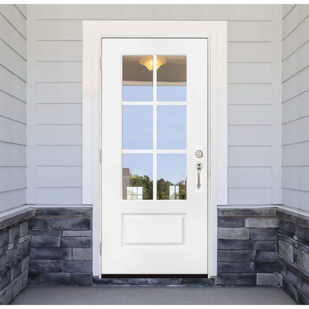 Steves & Sons 36 in. x 80 in. Legacy 6 Lite 3/4 Lite Clear Glass Right-Hand Outswing White Primed Fiberglass Prehung Front Door