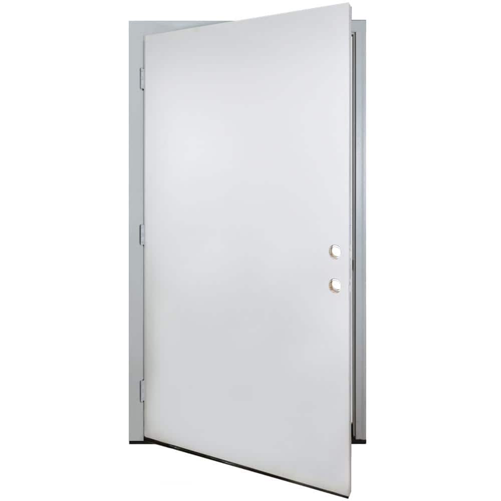 42 in. x 80 in. Reliant Series Flush RHOS White Primed Fiberglass Prehung Front Door with Composite 4-9/16 Frame