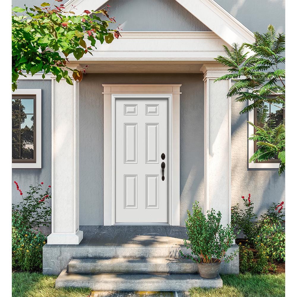 36 in. x 80 in. 6-Panel Primed White Fiberglass Prehung Front Door with Brickmould