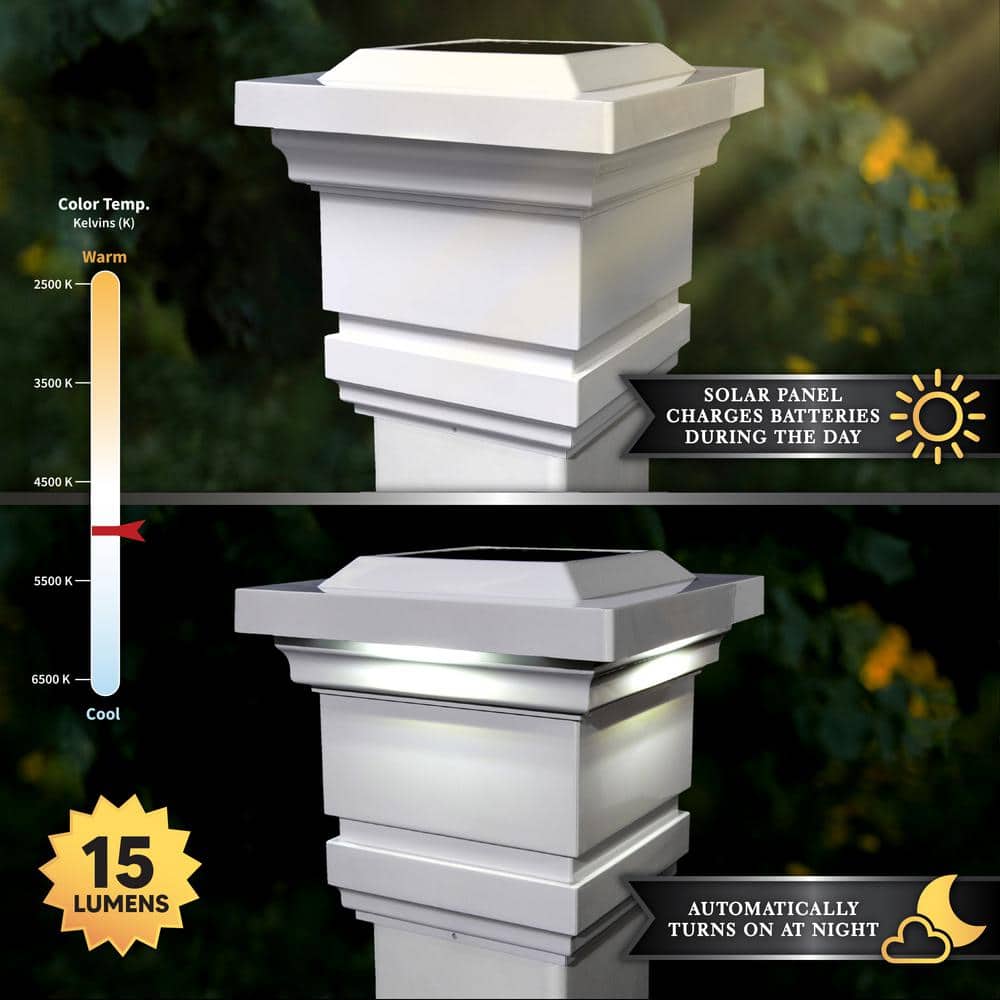 CLASSY CAPS Classy 4 in. x 4 in. Outdoor White Vinyl LED Solar Post Cap (2-Pack)