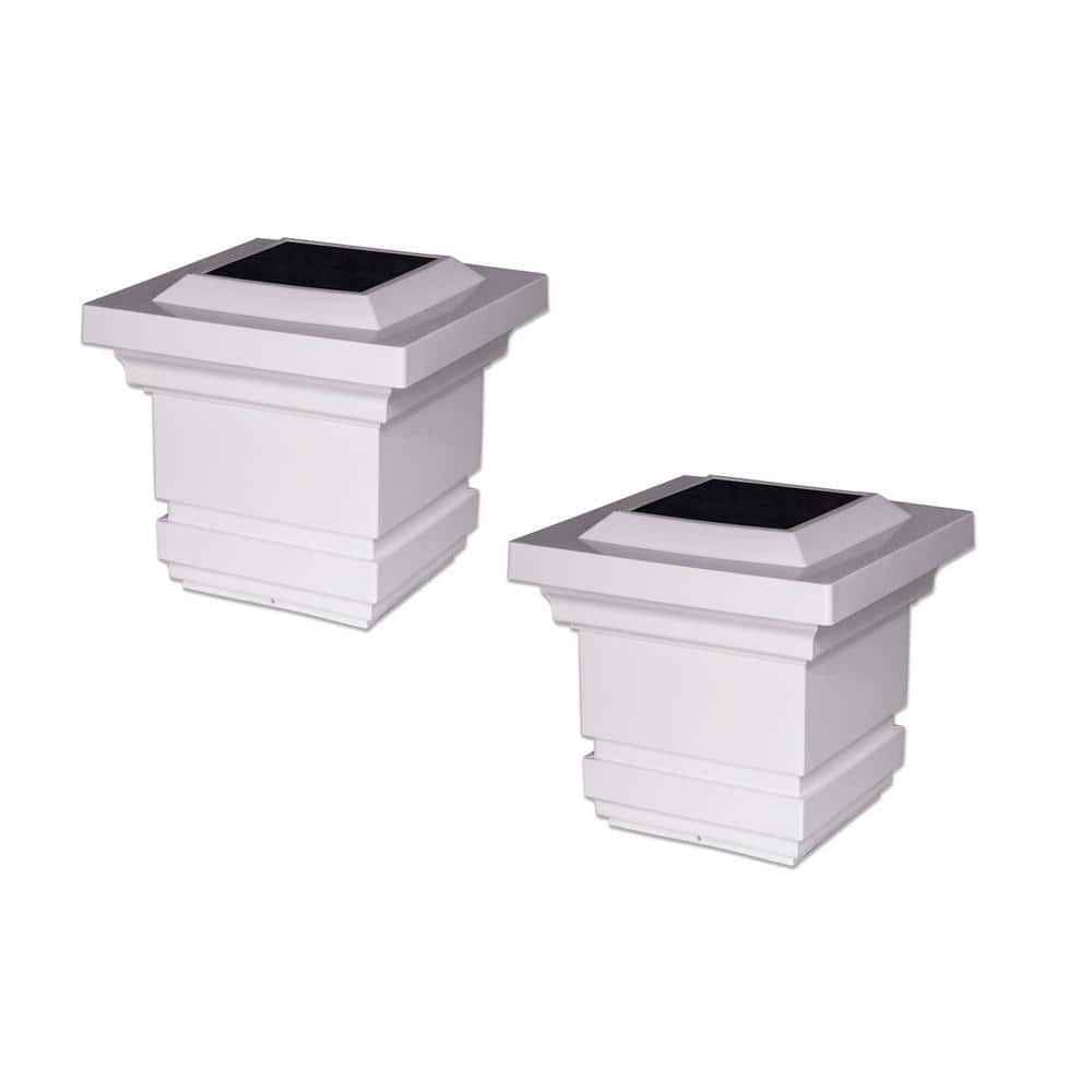 CLASSY CAPS Classy 4 in. x 4 in. Outdoor White Vinyl LED Solar Post Cap (2-Pack)