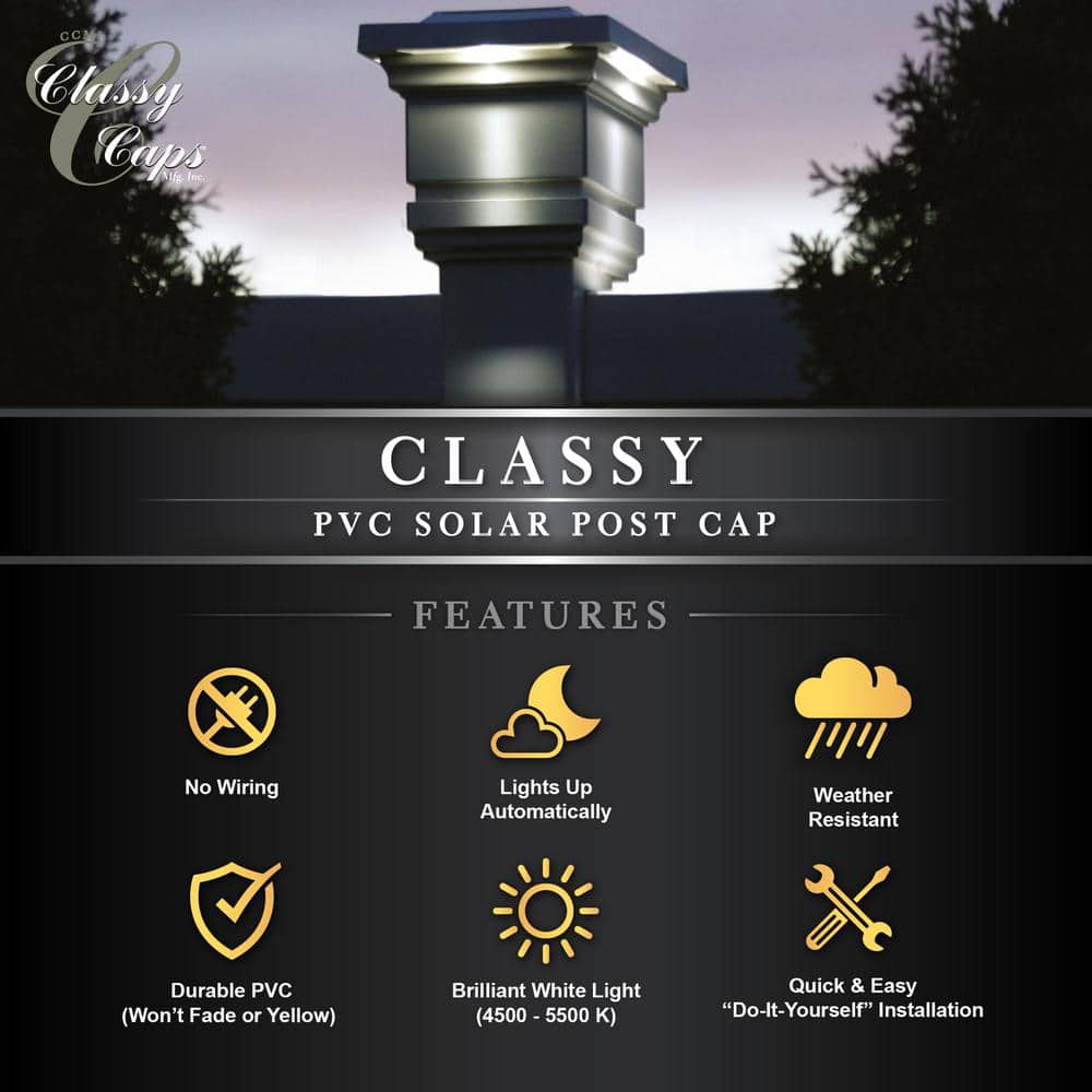 CLASSY CAPS Classy 4 in. x 4 in. Outdoor White Vinyl LED Solar Post Cap (2-Pack)