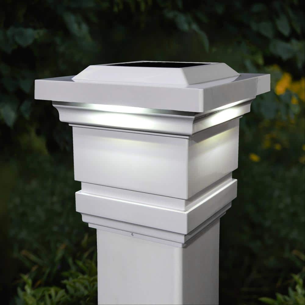 CLASSY CAPS Classy 4 in. x 4 in. Outdoor White Vinyl LED Solar Post Cap (2-Pack)