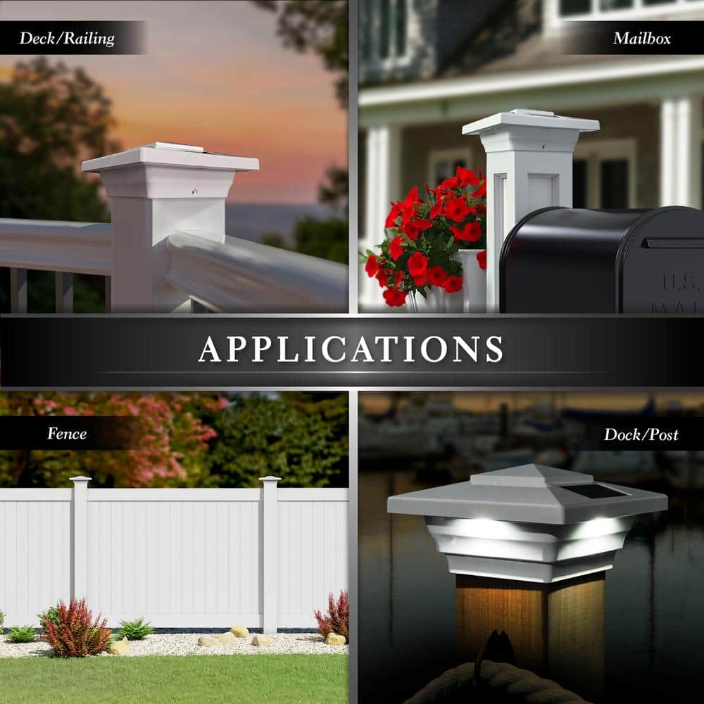 CLASSY CAPS Windsor 4 in. x 4 in. Outdoor White Vinyl LED Solar Post Cap (2-Pack)
