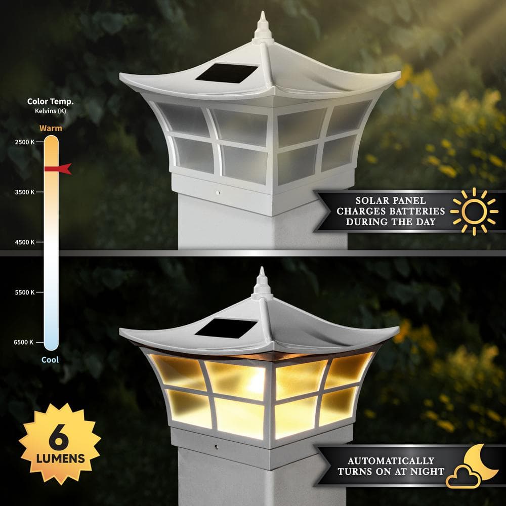 CLASSY CAPS Ambience 5 in. x 5 in. Outdoor White Vinyl LED Solar Post Cap (2-Pack)