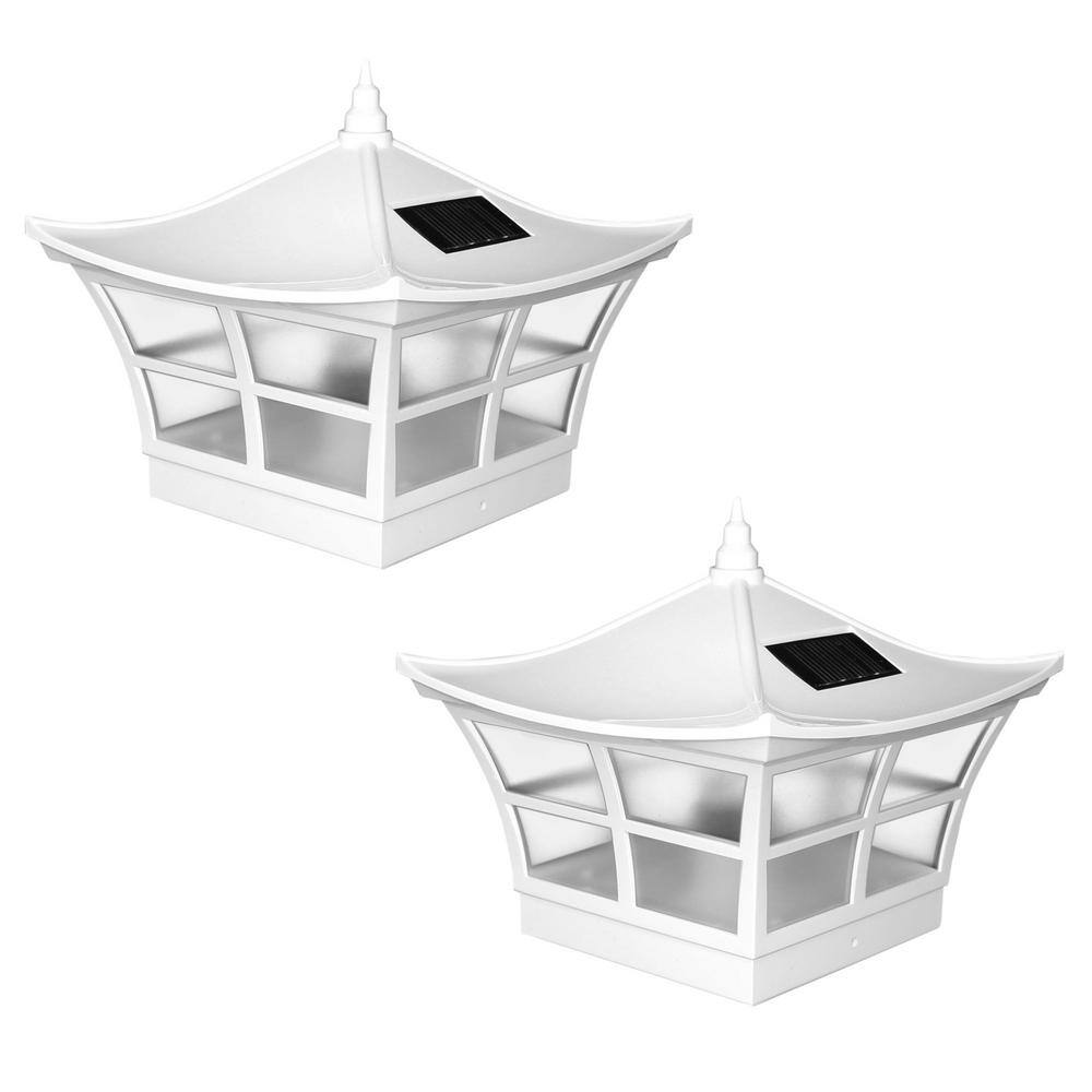CLASSY CAPS Ambience 5 in. x 5 in. Outdoor White Vinyl LED Solar Post Cap (2-Pack)
