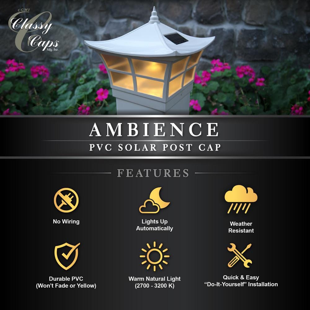 CLASSY CAPS Ambience 5 in. x 5 in. Outdoor White Vinyl LED Solar Post Cap (2-Pack)