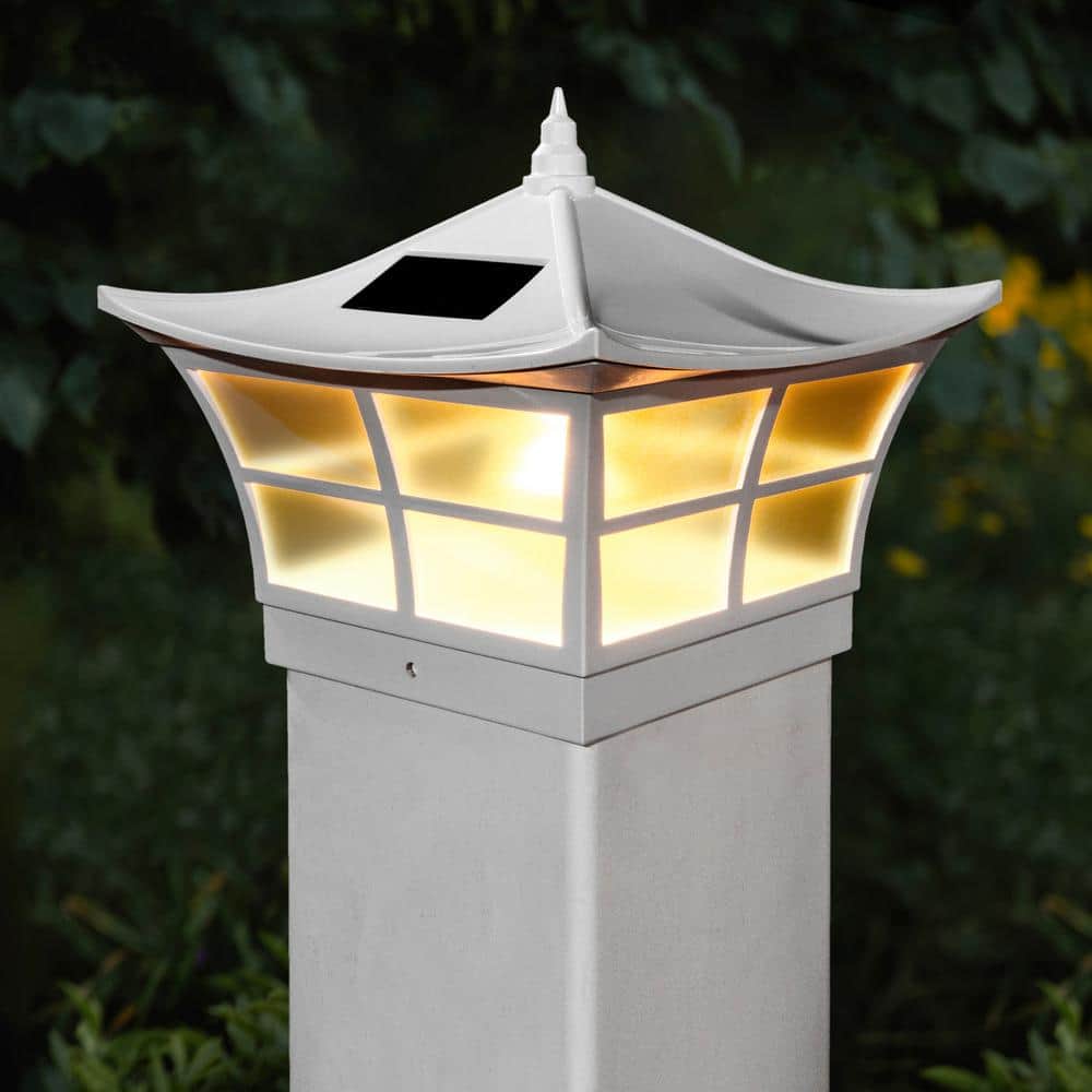 CLASSY CAPS Ambience 5 in. x 5 in. Outdoor White Vinyl LED Solar Post Cap (2-Pack)