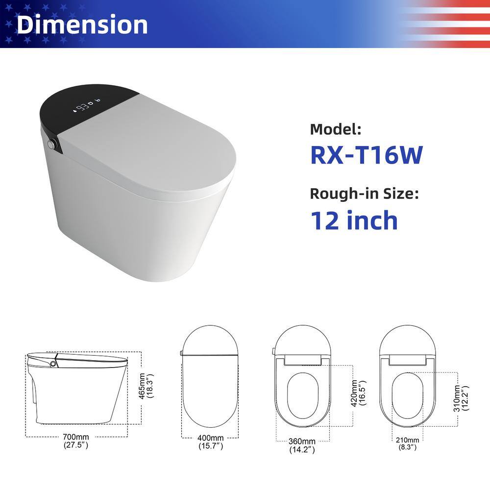 RAINLEX Elongated Bidet Toilet 1.28 GPF in White with Heated, Soft Close RX-T16W