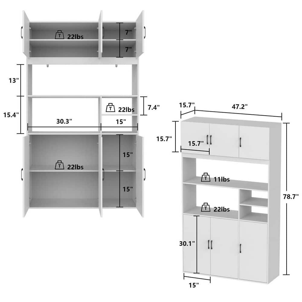 Large Kitchen Cabinet With Hutch and Buffet Pantry With Doors and Shelves (78.7 in. H x 47.2 in. W x 15.7 in. D)
