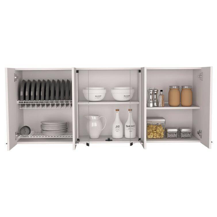 59-in W x 12.4-in D x 24-in H in White Plywood Ready to Assemble Kitchen Cabinet w/Shelf and 2-Door Center Glass Cabinet