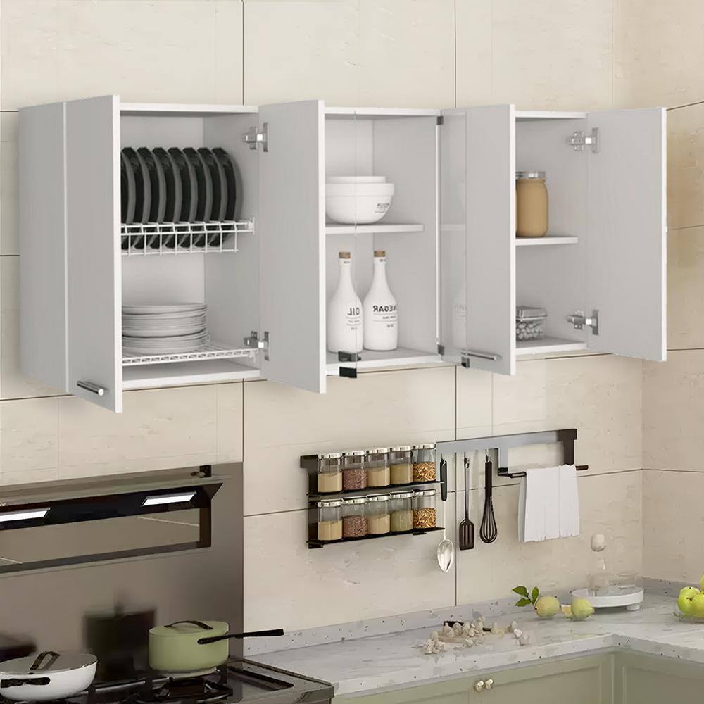 59-in W x 12.4-in D x 24-in H in White Plywood Ready to Assemble Kitchen Cabinet w/Shelf and 2-Door Center Glass Cabinet