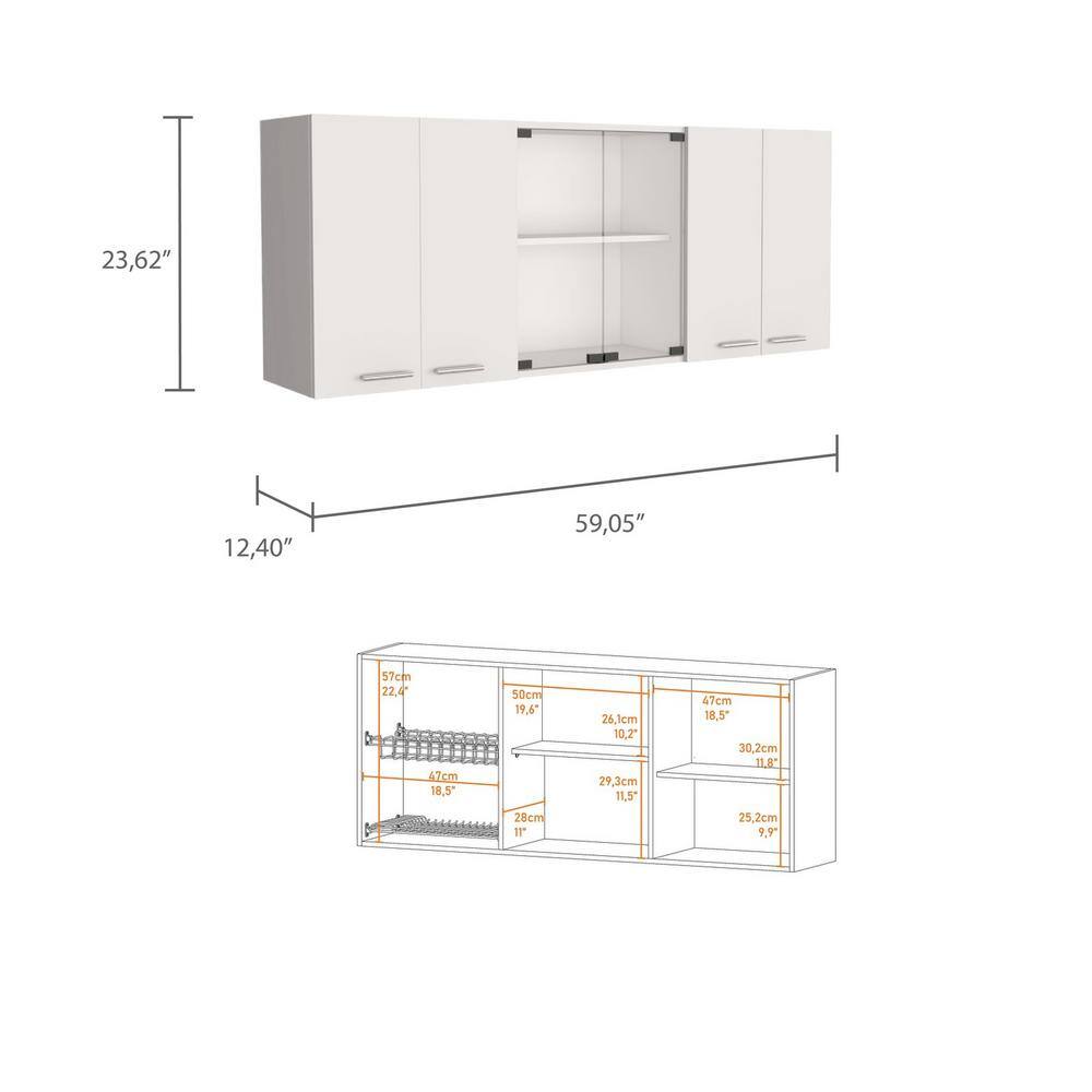 59-in W x 12.4-in D x 24-in H in White Plywood Ready to Assemble Kitchen Cabinet w/Shelf and 2-Door Center Glass Cabinet