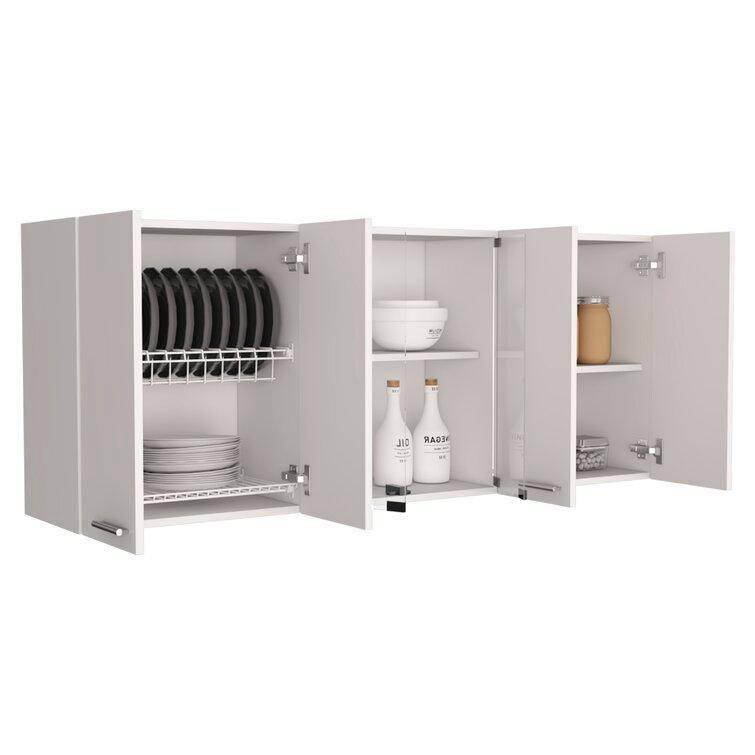 59-in W x 12.4-in D x 24-in H in White Plywood Ready to Assemble Kitchen Cabinet w/Shelf and 2-Door Center Glass Cabinet