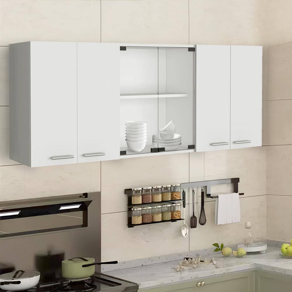 59-in W x 12.4-in D x 24-in H in White Plywood Ready to Assemble Kitchen Cabinet w/Shelf and 2-Door Center Glass Cabinet