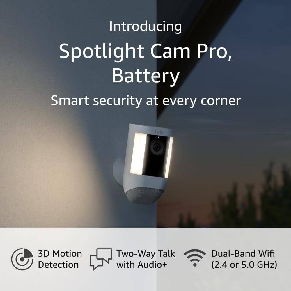 Ring Spotlight Cam Pro, Battery - Smart Security Video Camera with LED Lights, Dual Band Wifi, 3D Motion Detection, White