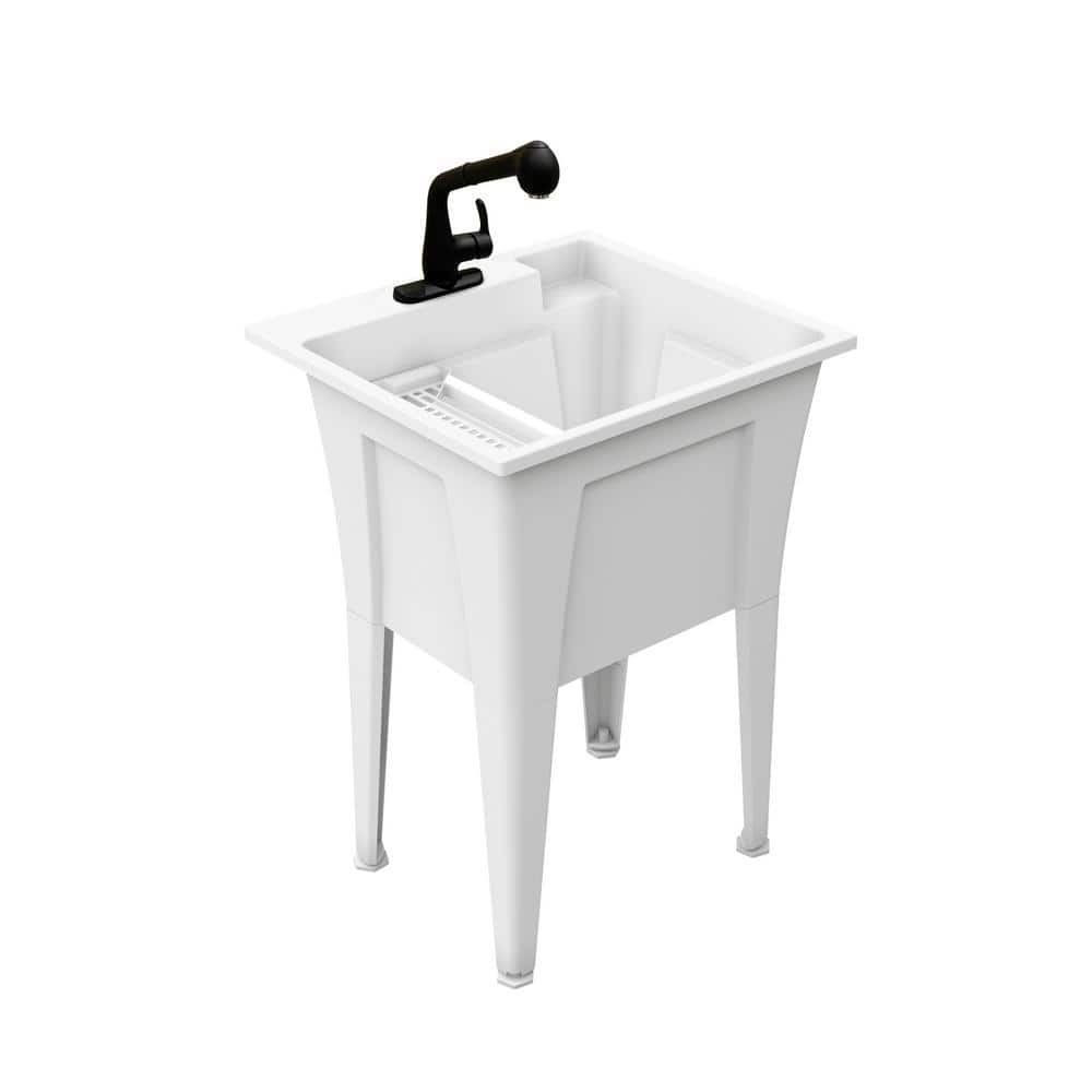 RUGGED TUB 24 in. x 22 in. White Freestanding Utility Sink with Black Pullout Faucet