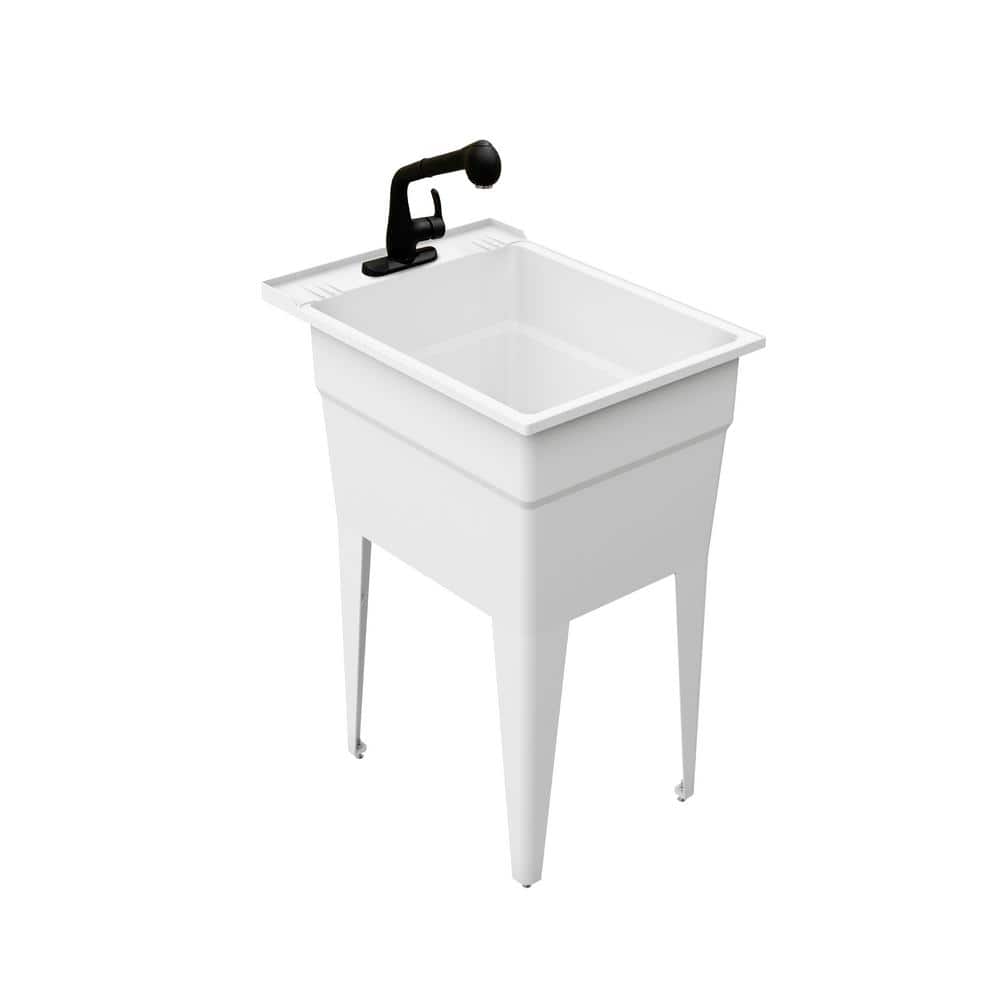 RUGGED TUB 18 in. x 24 in. White Freestanding Utility Sink with Black Pullout Faucet