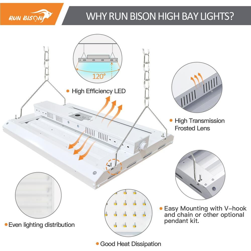 RUN BISON 2 ft. 800-Watt Equivalent Integrated LED Dimmable High Bay Light, 120-Volt-277-Volt 28,350 Lumens 5000K Daylight