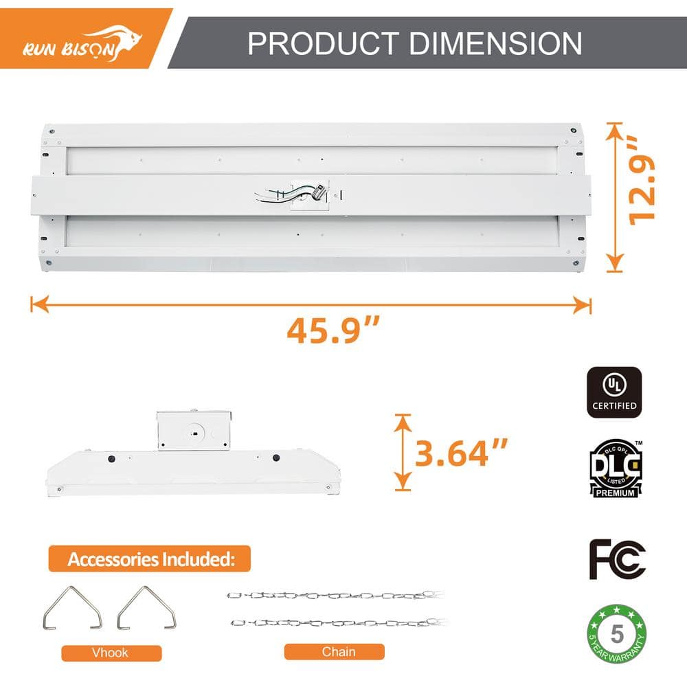 RUN BISON 45.9 in. 4ft. 1000-Watt Equivalent 40500Lumens Integrated LED Dimmable White Linear High Bay Light 5000K Daylight 4-Pack