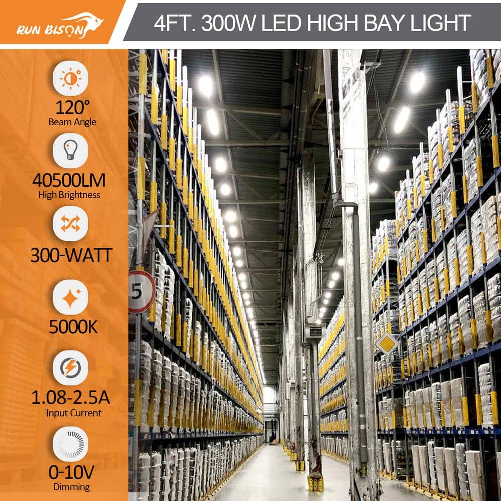 RUN BISON 45.9 in. 4ft. 1000-Watt Equivalent 40500Lumens Integrated LED Dimmable White Linear High Bay Light 5000K Daylight 4-Pack