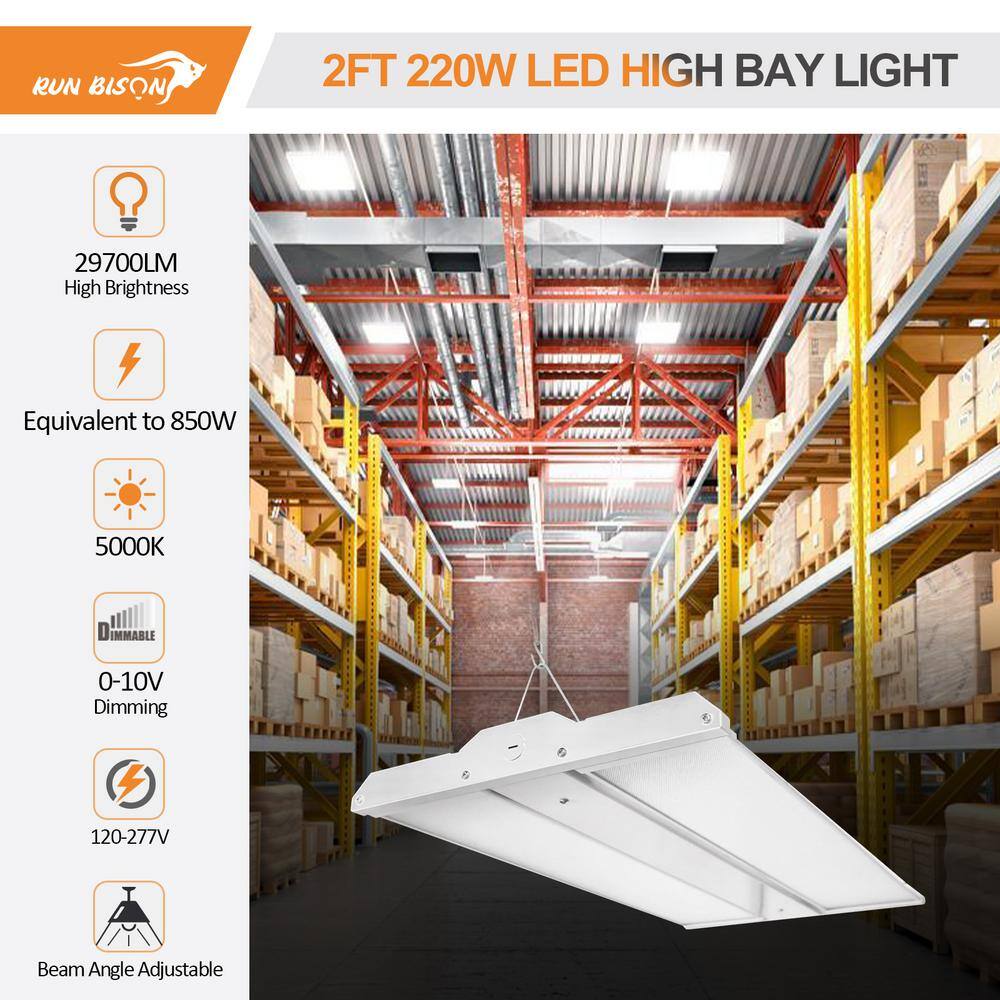 RUN BISON 2 ft. 850-Watt Equivalent 29700 Lumens Integrated LED Dimmable White Linear High Bay Light with Adjustable Panel, 5000K