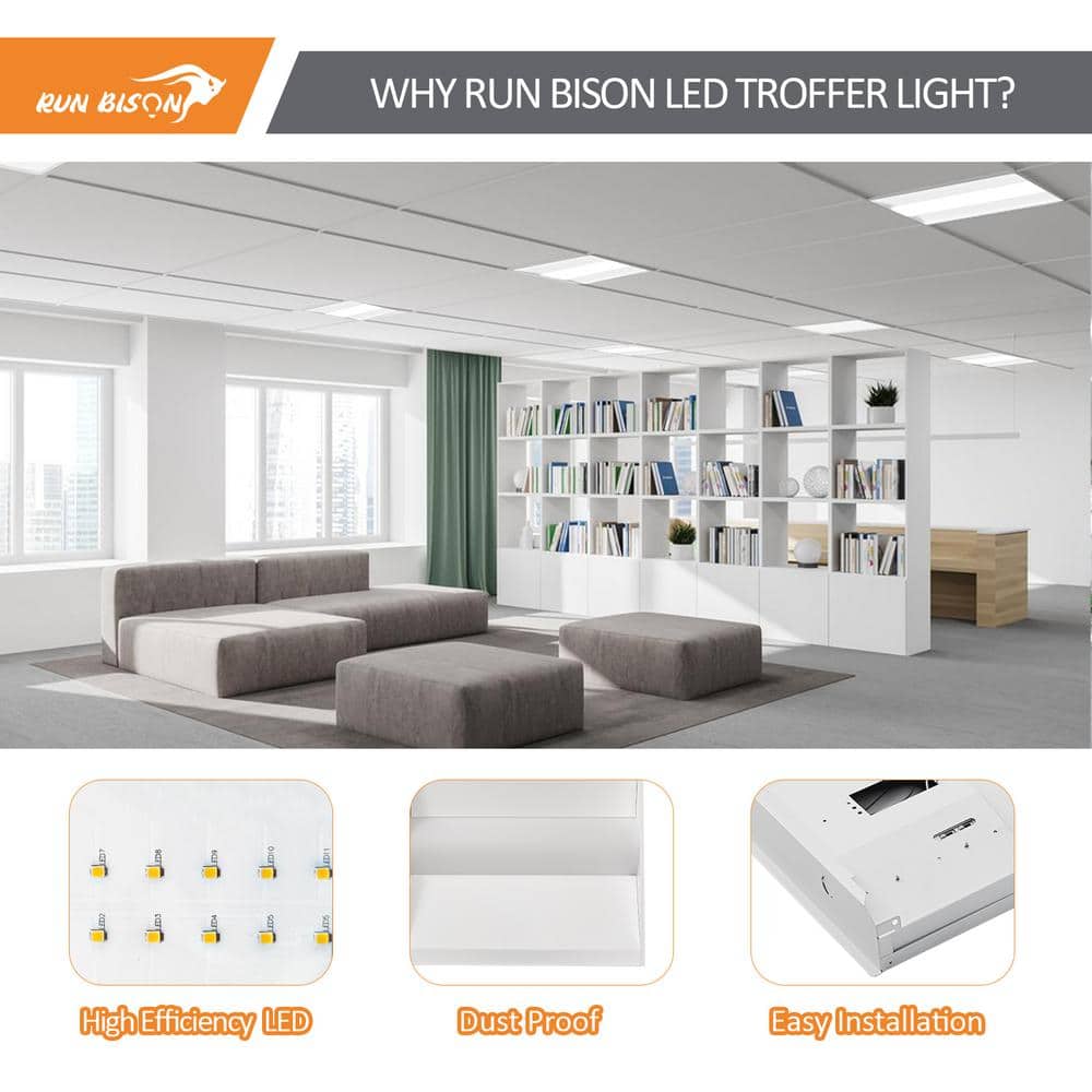 RUN BISON 2 ft. x 4 ft. 120W Equivalent White Dimmable 3500K-4000K-5000K Integrated LED Troffer Light, up to 5625-Lumens, UL