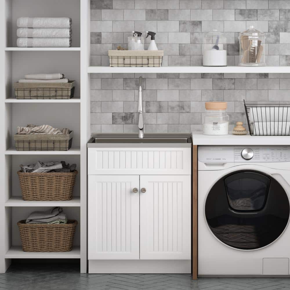 Simpli Home Beckham Transitional 28 in. wall mount Laundry sink with Cabinet Faucet and Stainless Steel Sink in White