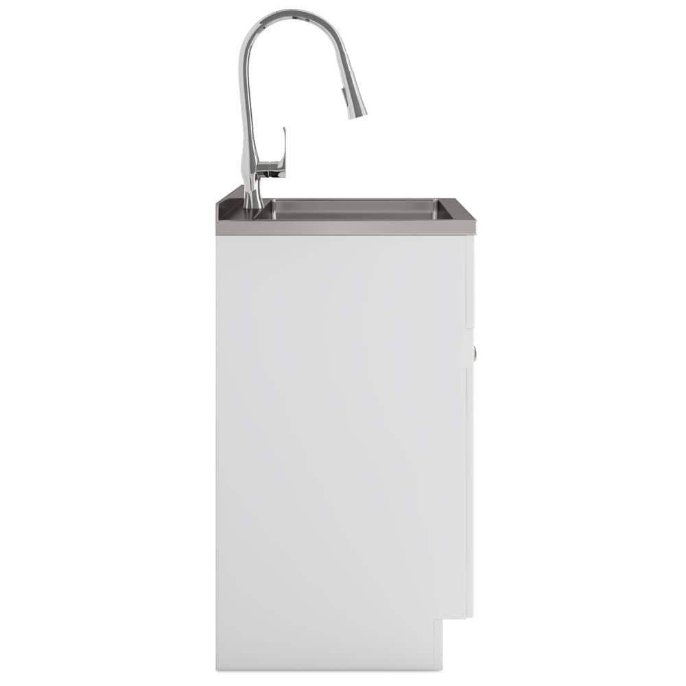 Simpli Home Beckham Transitional 28 in. wall mount Laundry sink with Cabinet Faucet and Stainless Steel Sink in White