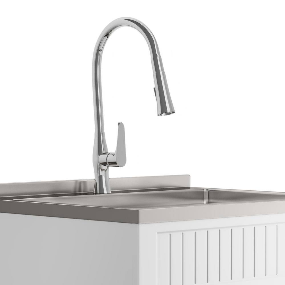 Simpli Home Beckham Transitional 28 in. wall mount Laundry sink with Cabinet Faucet and Stainless Steel Sink in White