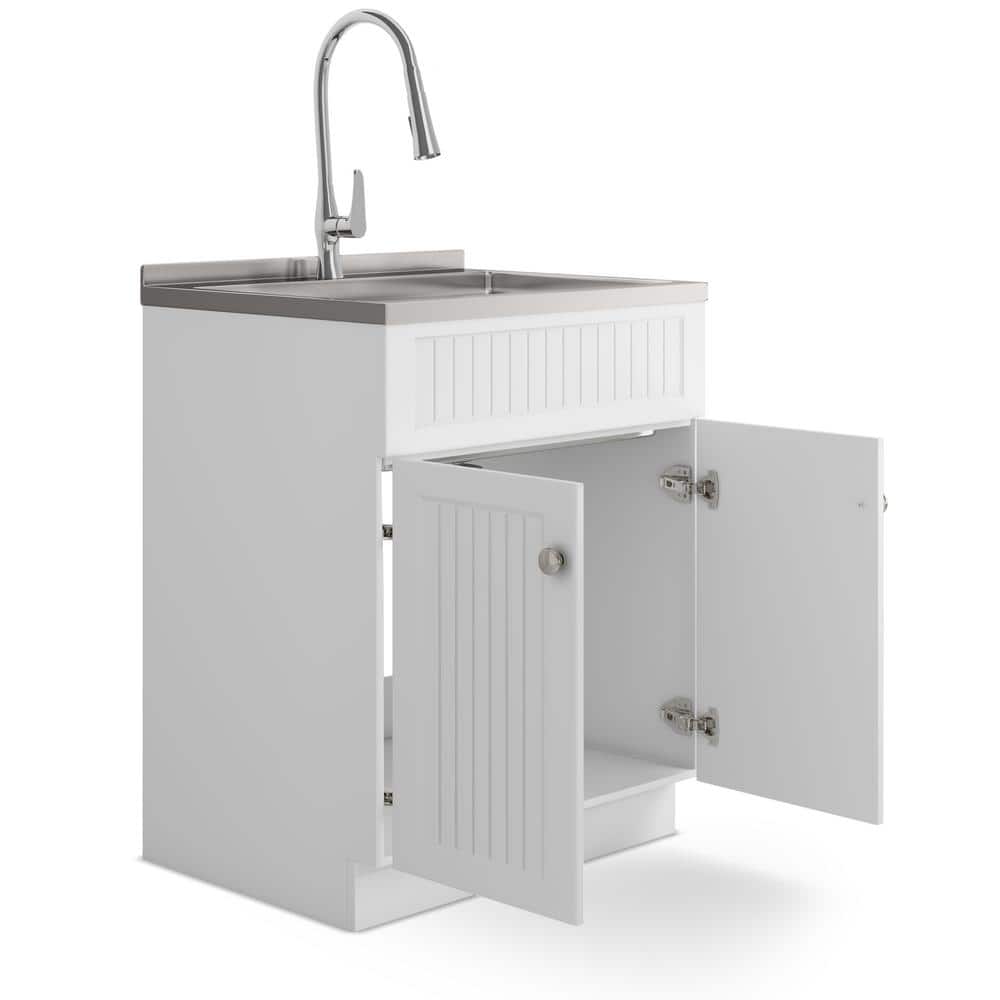Simpli Home Beckham Transitional 28 in. wall mount Laundry sink with Cabinet Faucet and Stainless Steel Sink in White