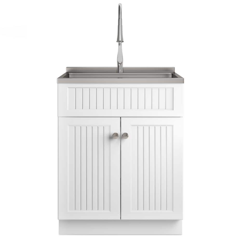 Simpli Home Beckham Transitional 28 in. wall mount Laundry sink with Cabinet Faucet and Stainless Steel Sink in White