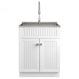Simpli Home Beckham Transitional 28 in. wall mount Laundry sink with Cabinet Faucet and Stainless Steel Sink in White