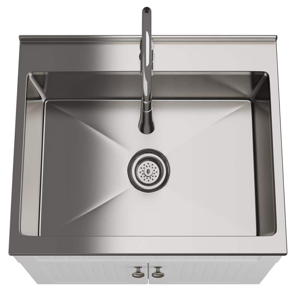 Simpli Home Beckham Transitional 28 in. wall mount Laundry sink with Cabinet Faucet and Stainless Steel Sink in White