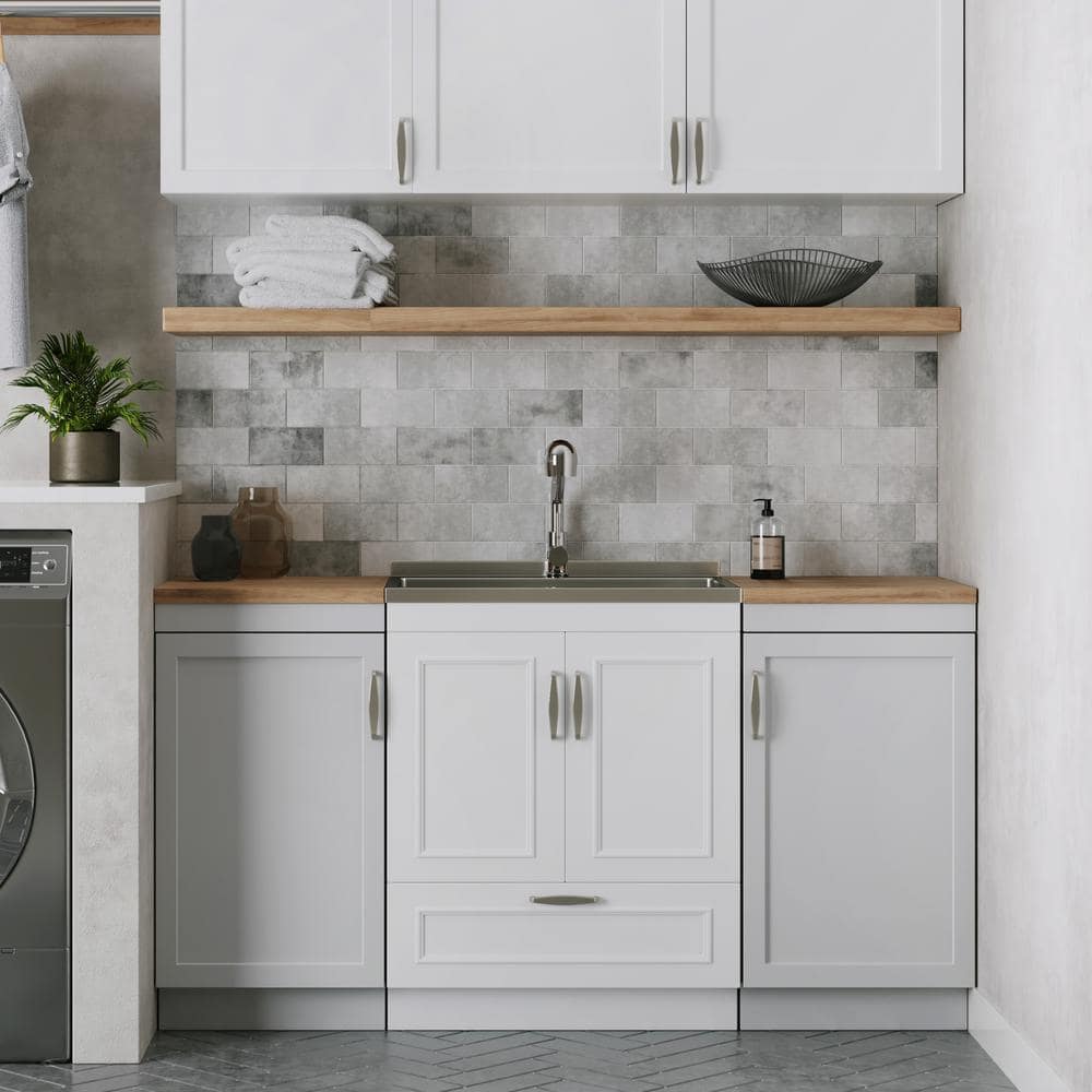 Simpli Home Cardinal Transitional 28 in. Wall Mount Laundry Sink with Cabinet Laundry Cabinet Faucet and Stainless Steel Sink White