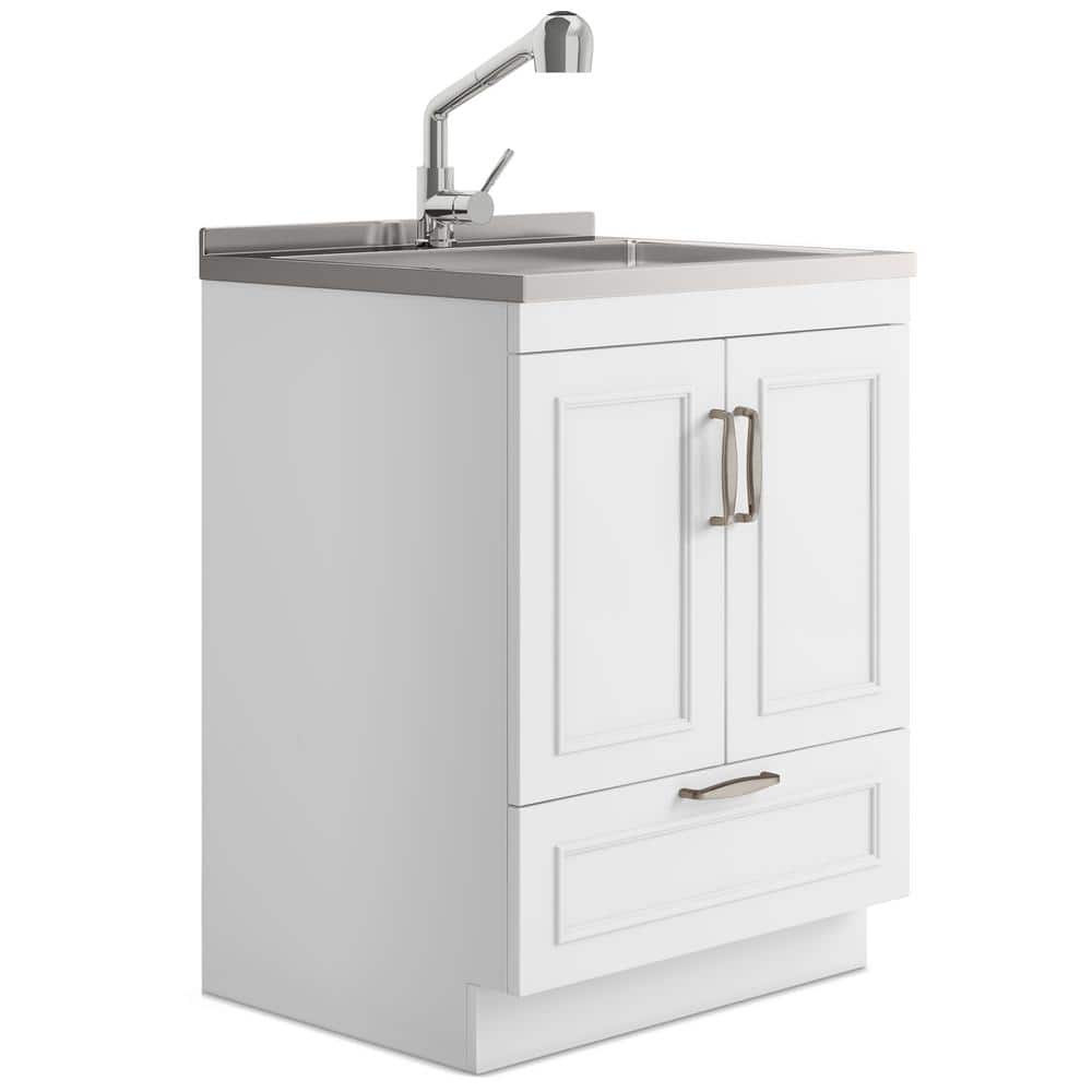 Simpli Home Cardinal Transitional 28 in. Wall Mount Laundry Sink with Cabinet Laundry Cabinet Faucet and Stainless Steel Sink White