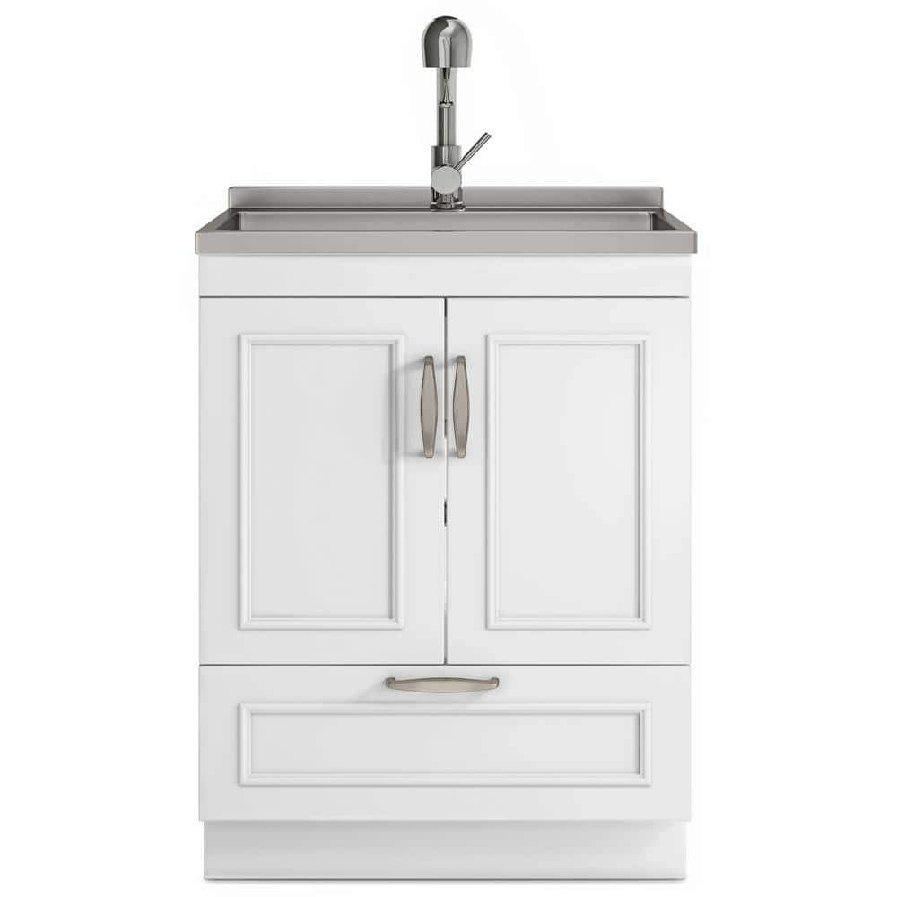 Simpli Home Cardinal Transitional 28 in. Wall Mount Laundry Sink with Cabinet Laundry Cabinet Faucet and Stainless Steel Sink White