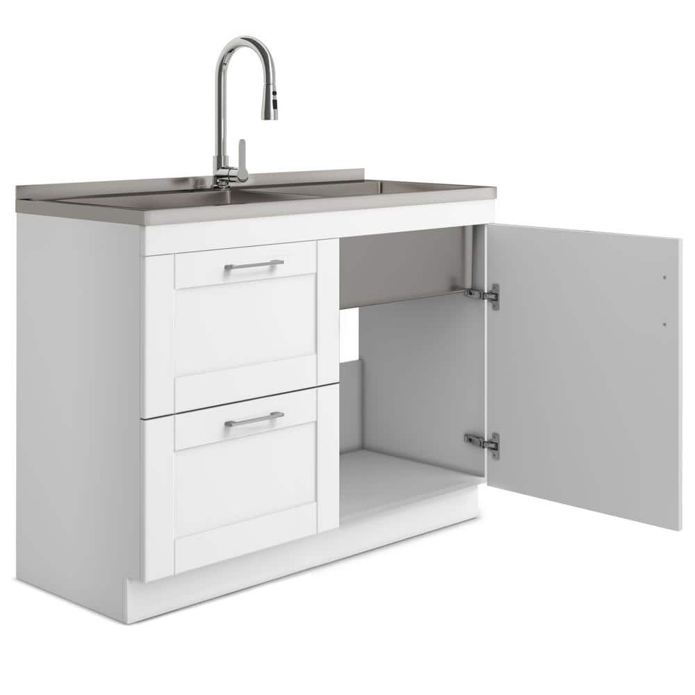 Simpli Home Modern Wide Shaker Transitional 46 in. wall mount Laundry sink with Cabinet Faucet and Stainless Steel Sink in White